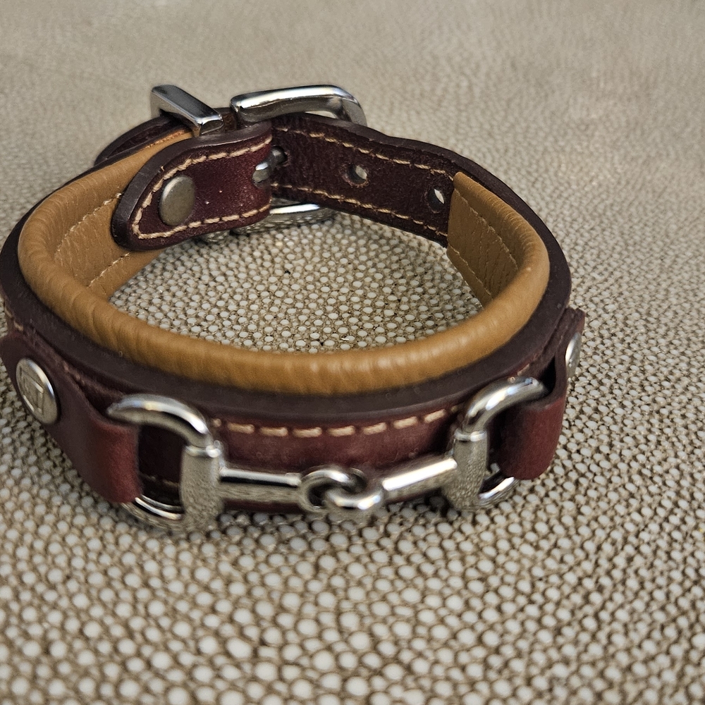 Brown and Tan Leather Bracelet with Silver Tone Horse Bit.